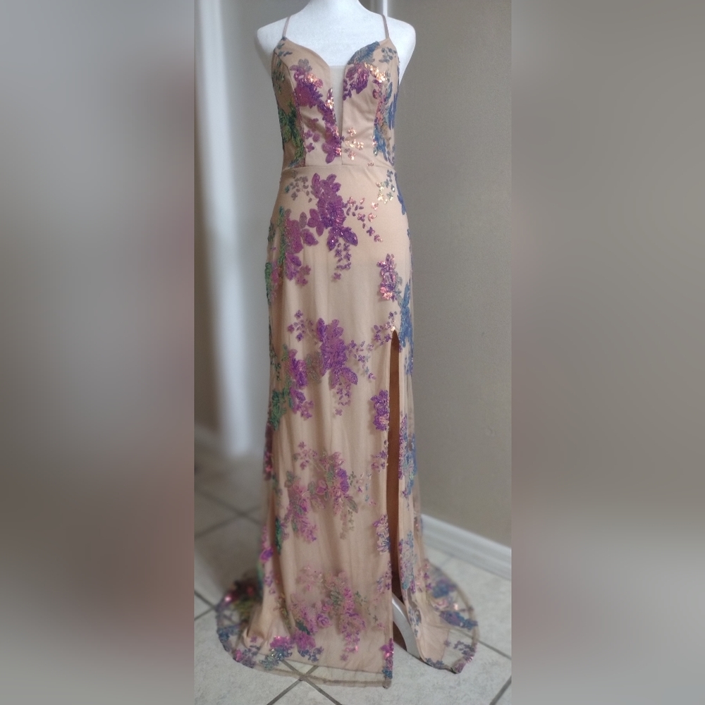 NWT Nude Floral Sequin Evening Gown with Thigh Slit
